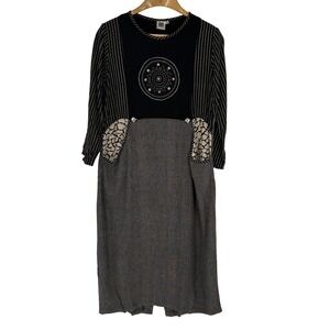 USINDO Dress Womens Medium Black Gray Mixed‎ Print Patchwork Embroidered Midi